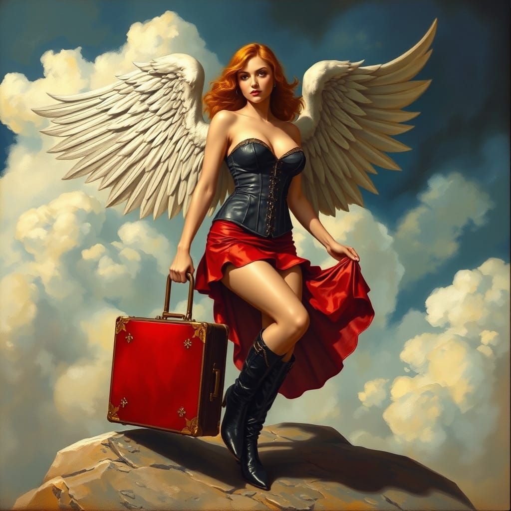 Gothic Pinup Angel in Corset and Wings