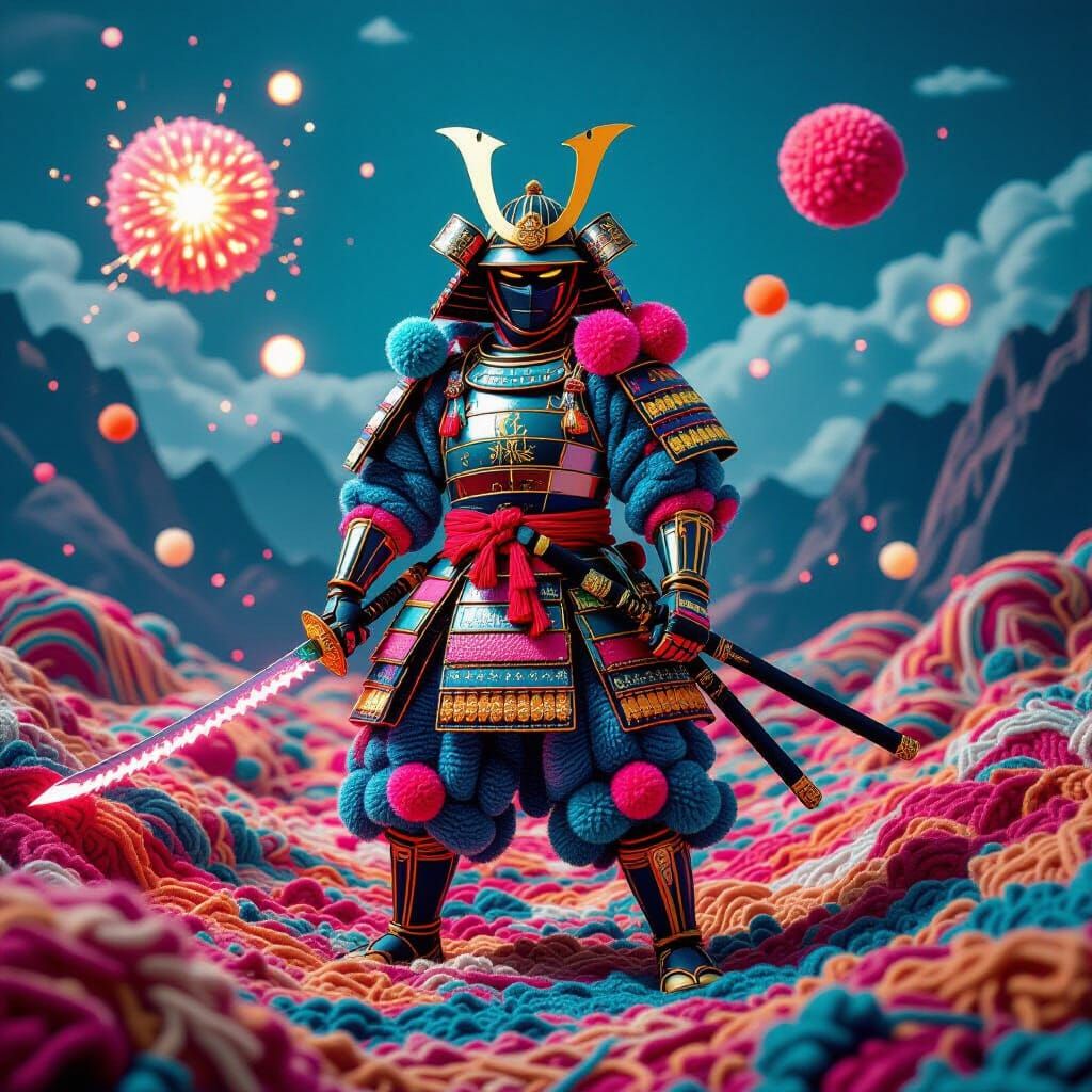 Yarn Samurai Warrior on Neon Battlefield