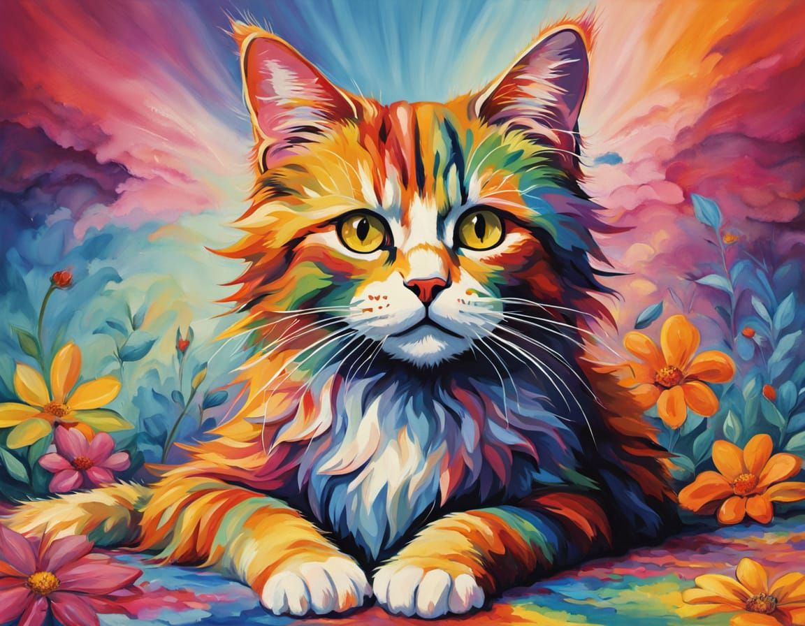 Hippie Cat's Psychedelic Dream in Expressionist Oil Painting