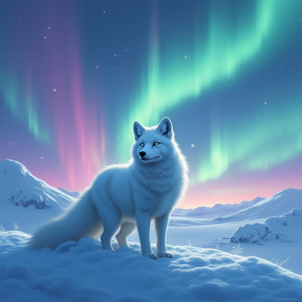 Ethereal Arctic Fox Under Vibrant Northern Lights
