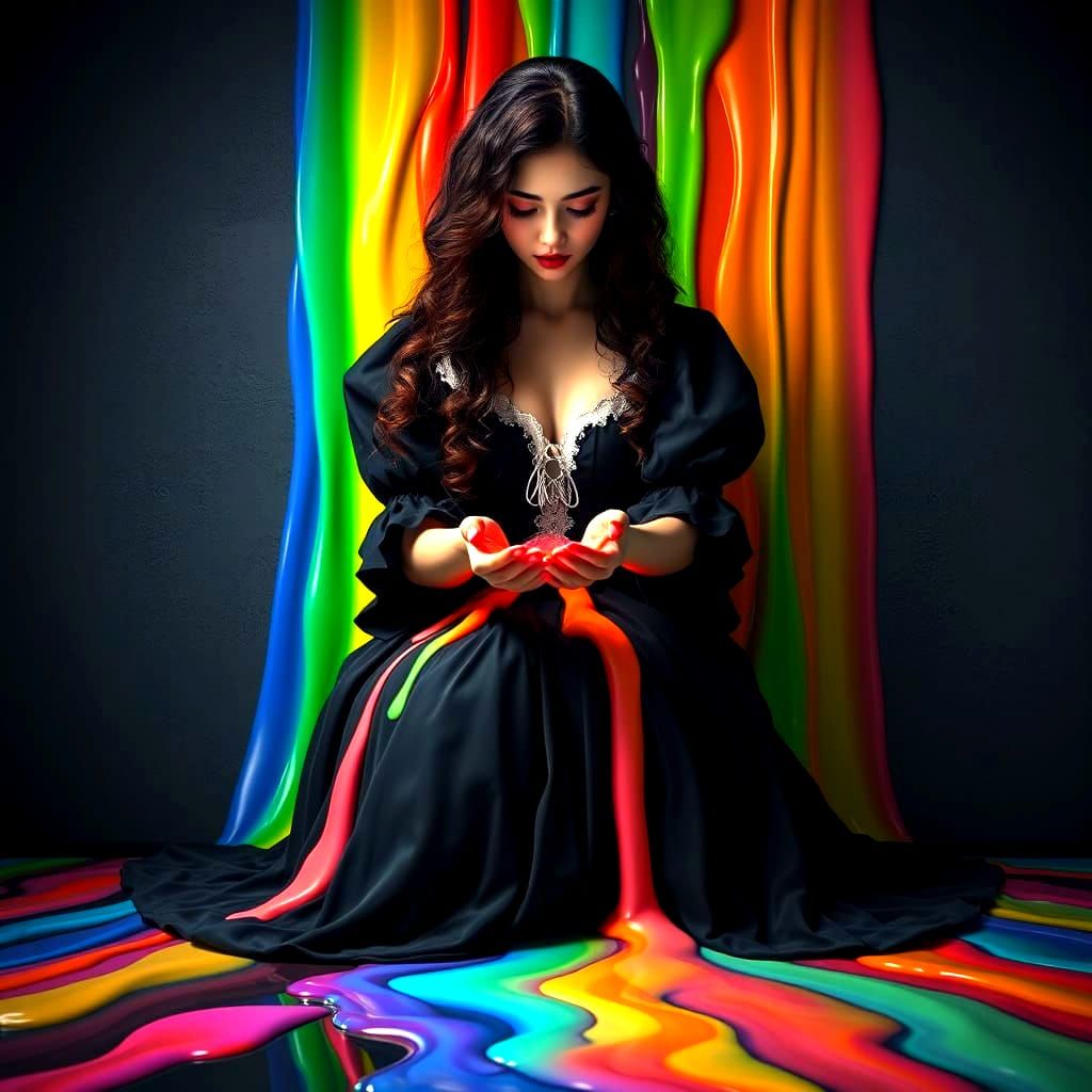 Surreal Queen Interacts with Rainbow Liquid in Darkened Cast...