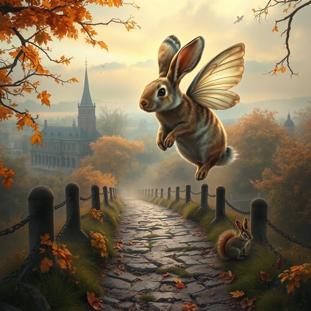 Victorian Rabbit with Fairy Wings Flies Over Misty London