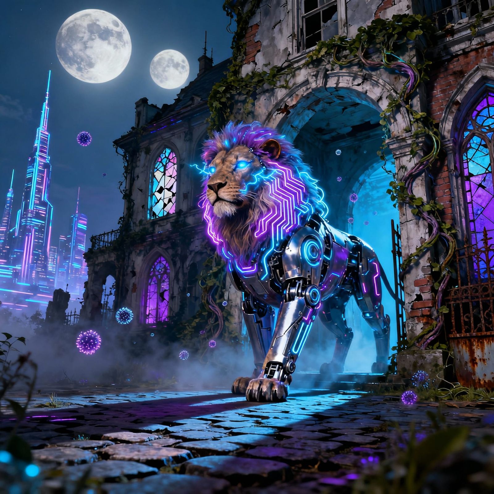Cybernetic Lion Guards Ruined Victorian Chateau Under Twin M...