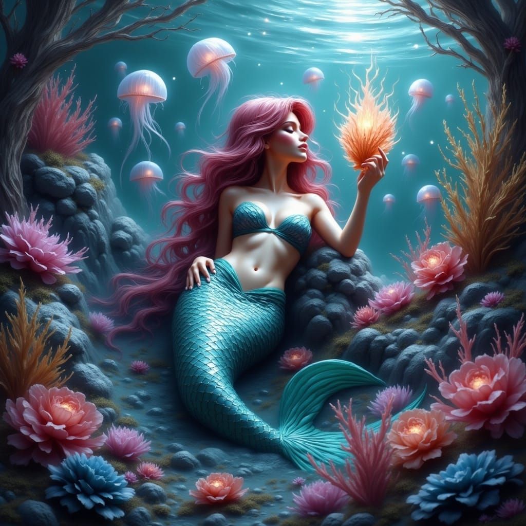 Enchanted Mermaid Listening to Ocean Whispers in Dreamlike U...