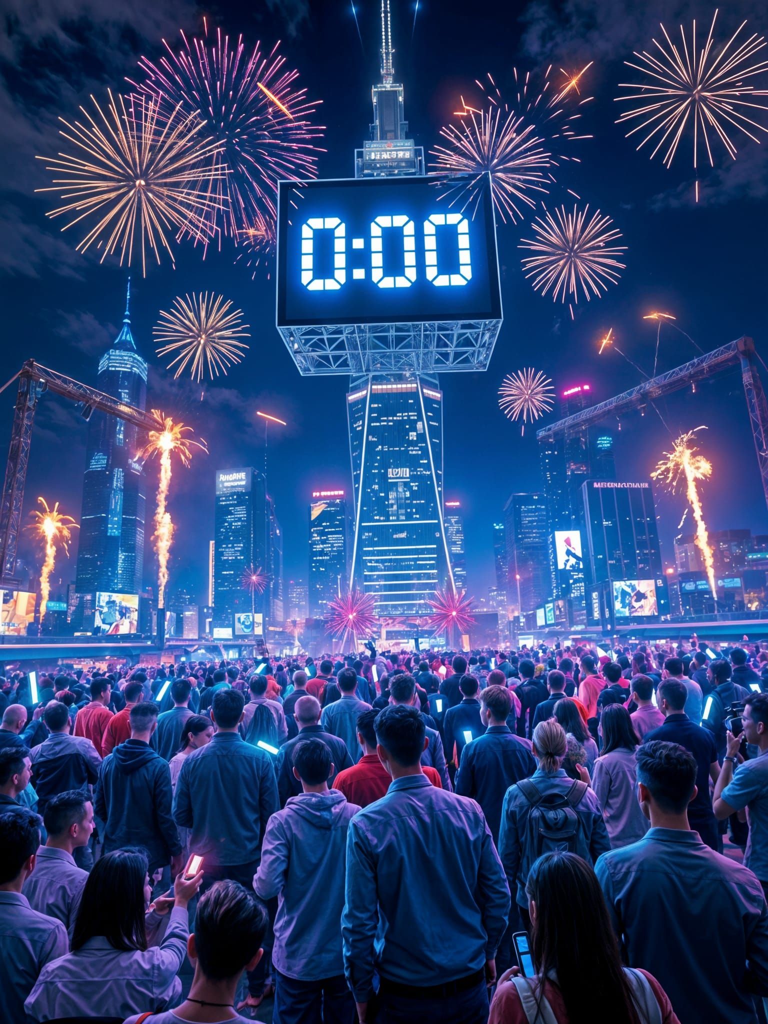 Epic Futuristic Countdown Celebration in Neon-Lit City