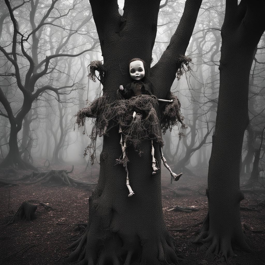 Eerie Abandoned Dolls in Gloomy Forest