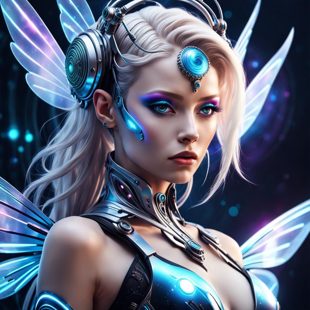 Futuristic Cyborg Fairy Portrait in Cyberpunk Style