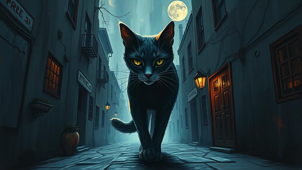Sinister Cat in Dystopian City: Surreal Horror
