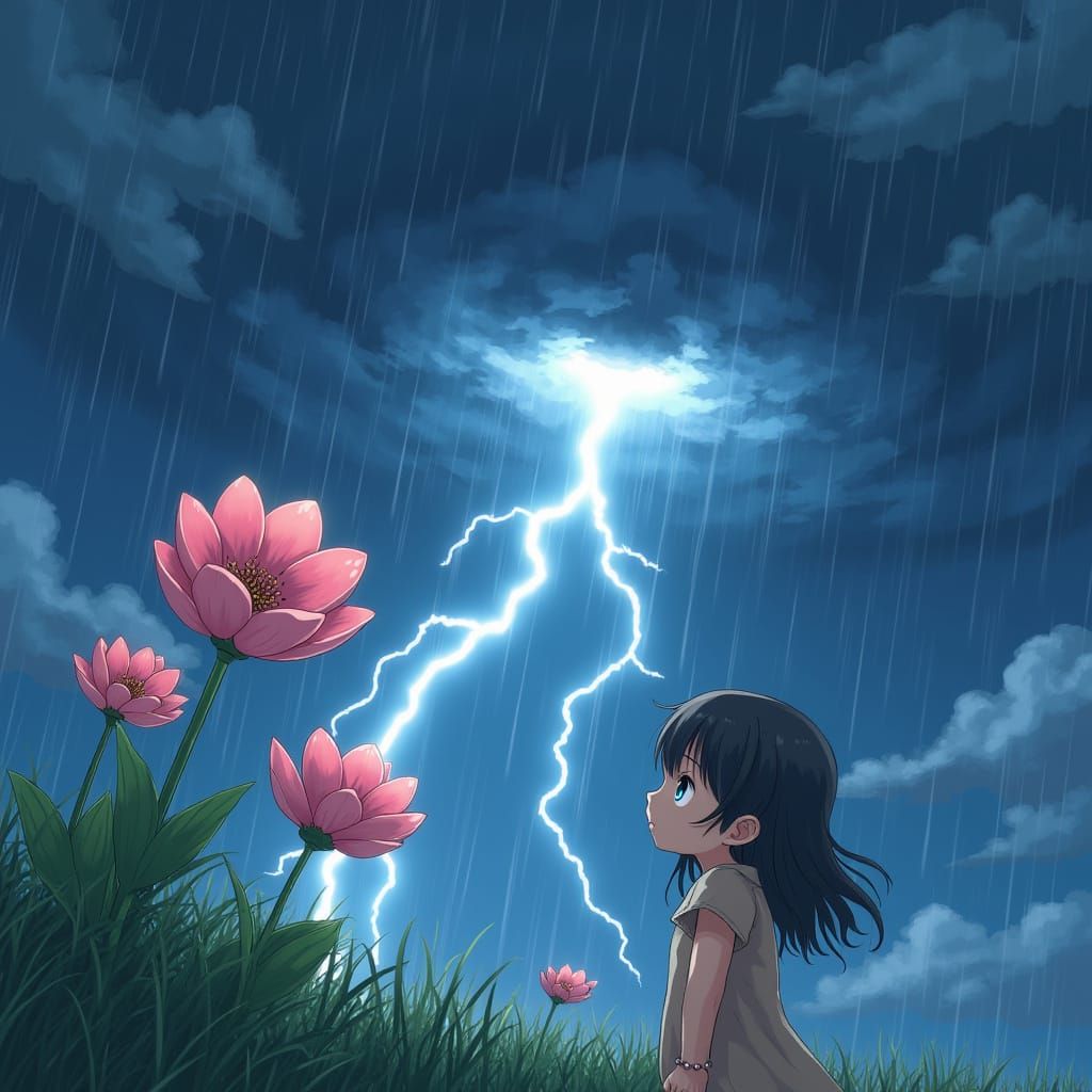 Anime Style Lightning Strike on Flower Watched by Girl