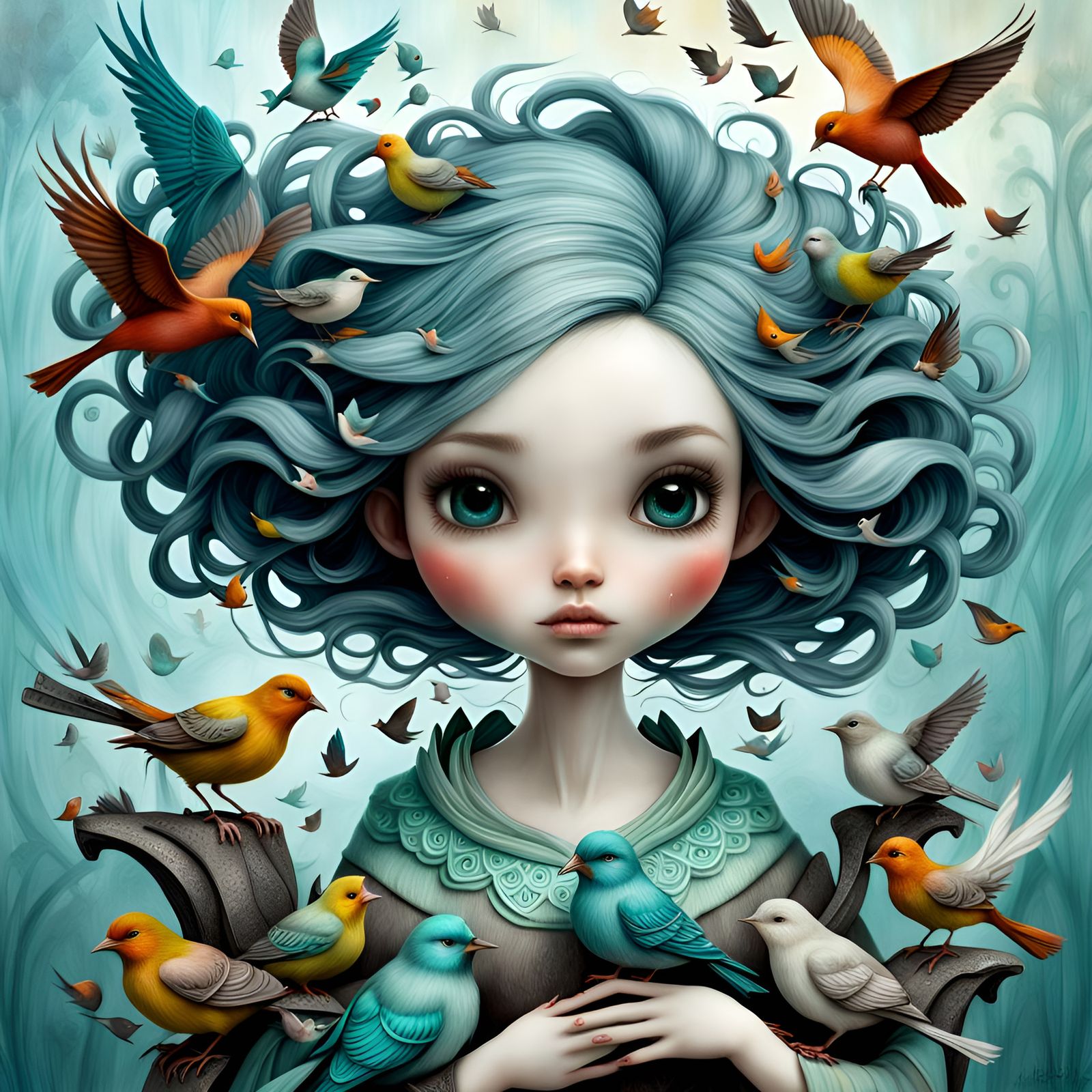 Gorgeous Woman with Birds in Fantasy Art Style