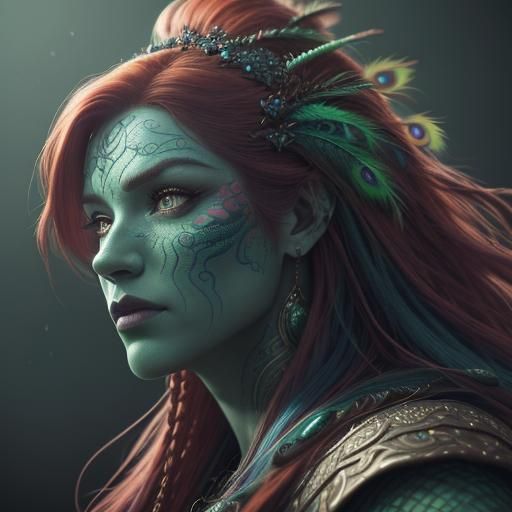 Hyper-Realistic Dragon Woman Portrait with Peacock Feather E...