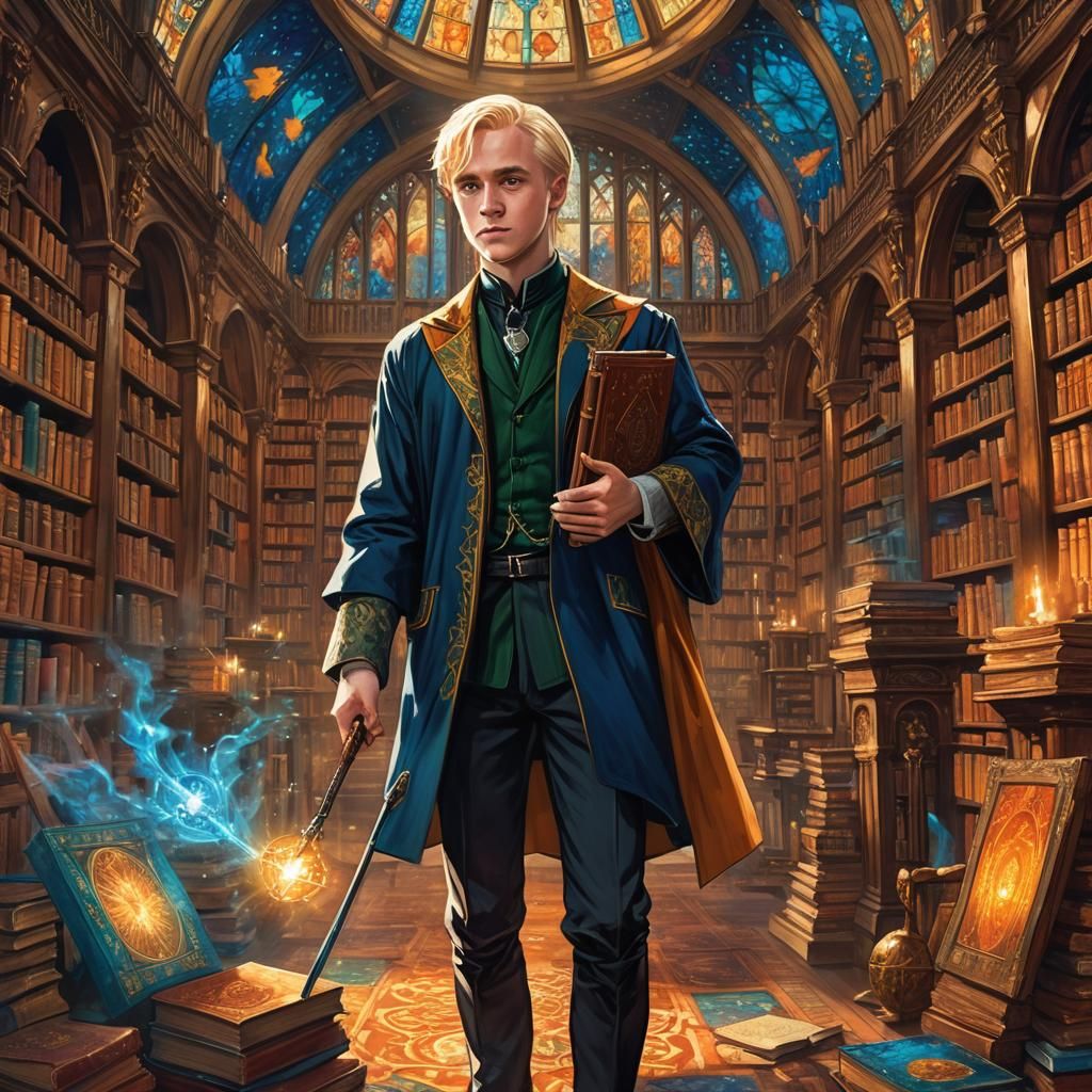 Draco Malfoy in Weasley Attire in Mystical Library