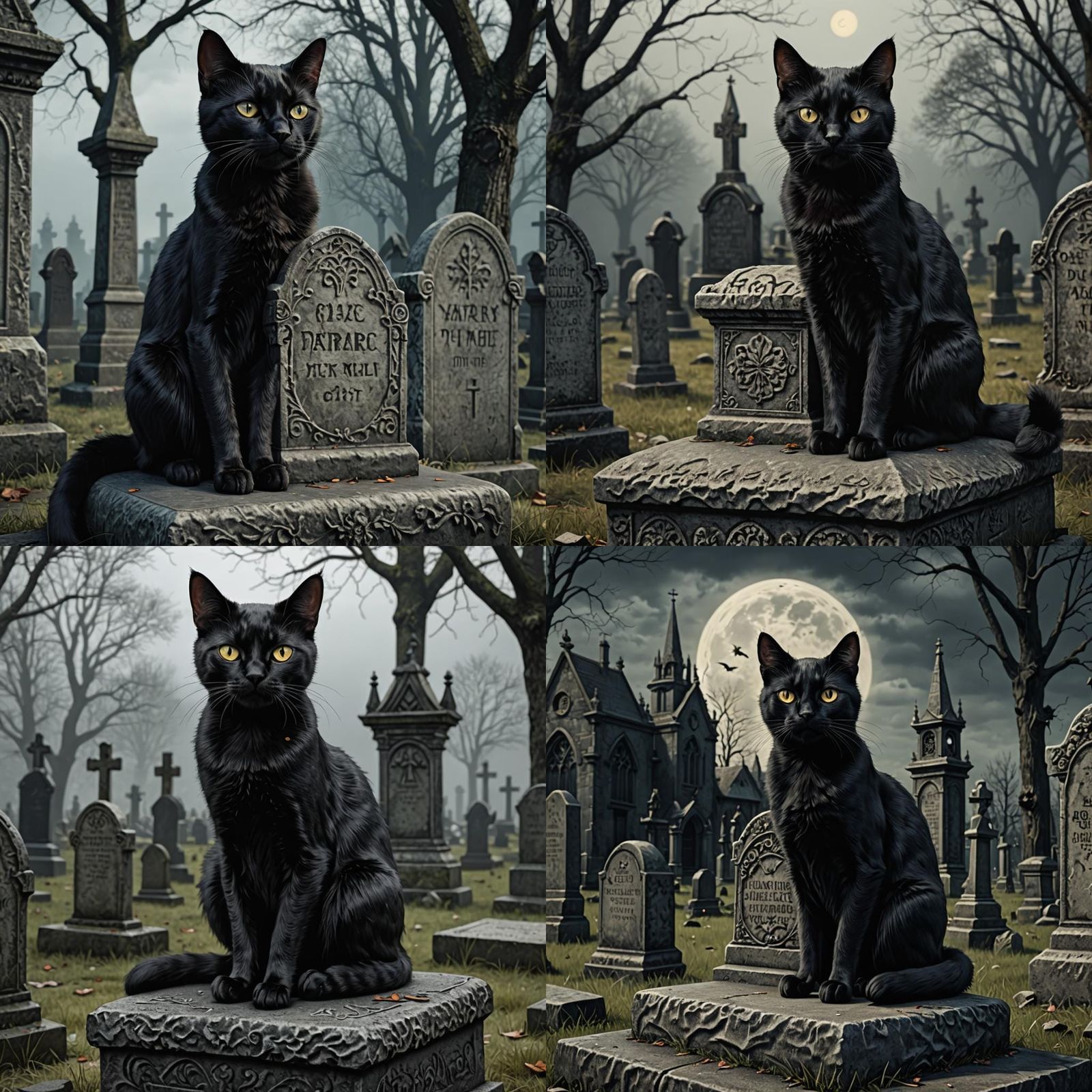 Black Cat on Tombstone in Gothic Folk Art