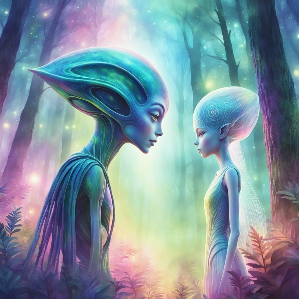 Alien and Human Meeting in Watercolor Style