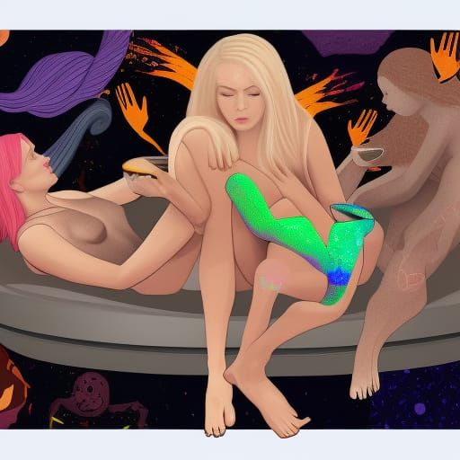 Astral Blonde Surrounded by Demons in Holographic Style