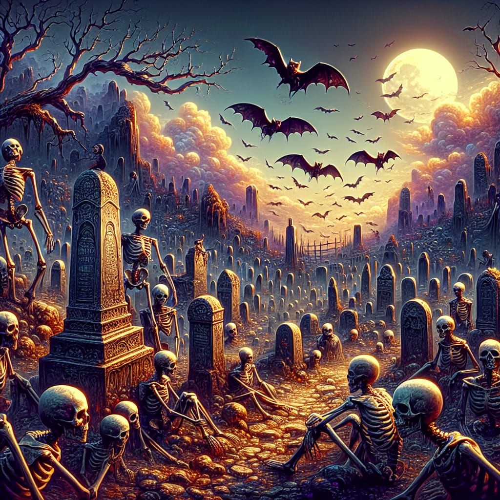 Haunted Graveyard Scene with Skeletons and Bats
