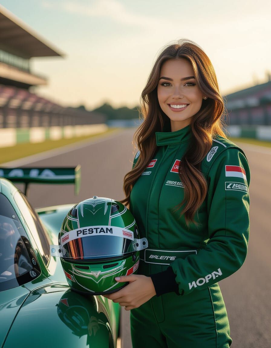Beautiful Russian Woman in Racing Uniform with Helmet