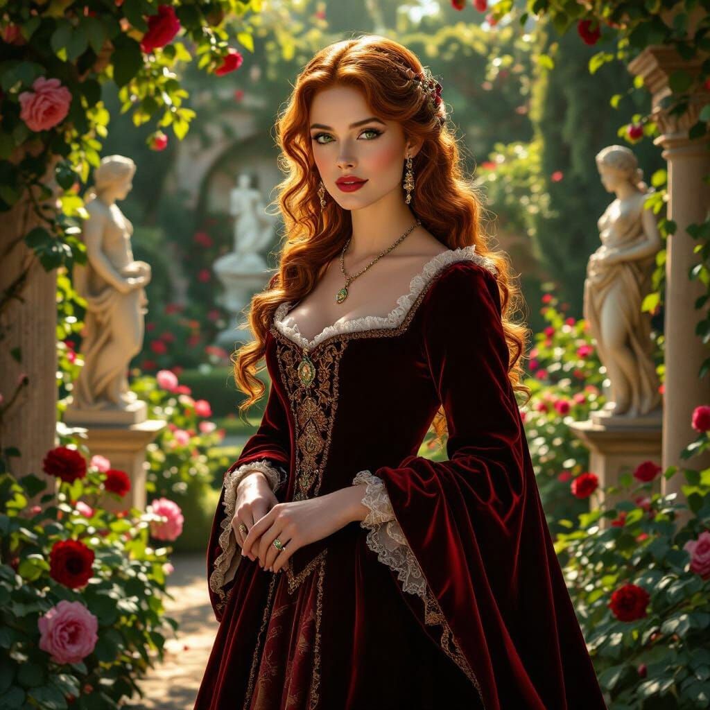 Renaissance Noblewoman in Italian Garden, Classical Portrait