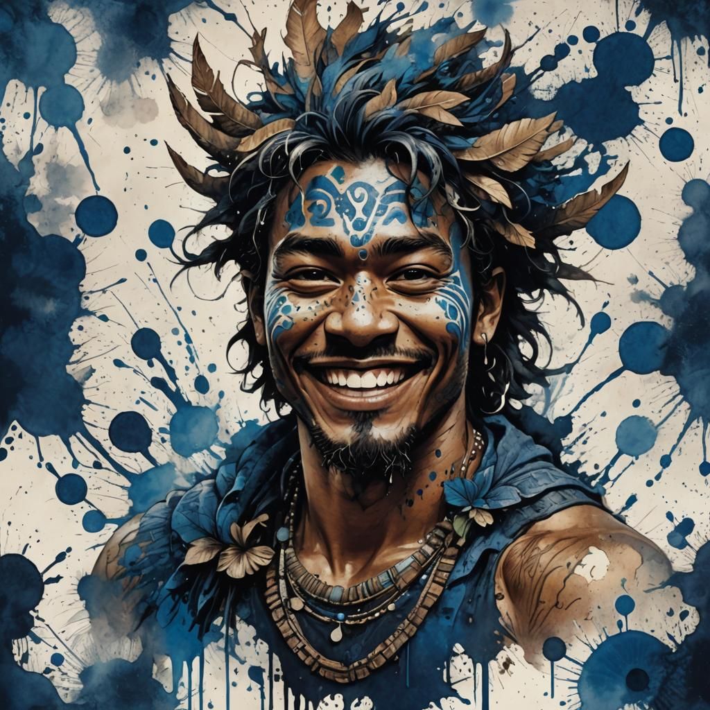 Smiling Polynesian Man in Ink Splatter Style