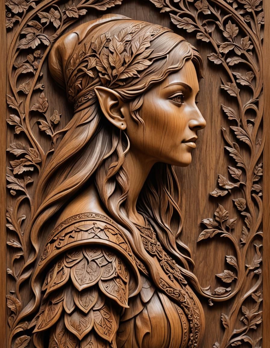 Elegant Elf Profile in Teak Wood Relief