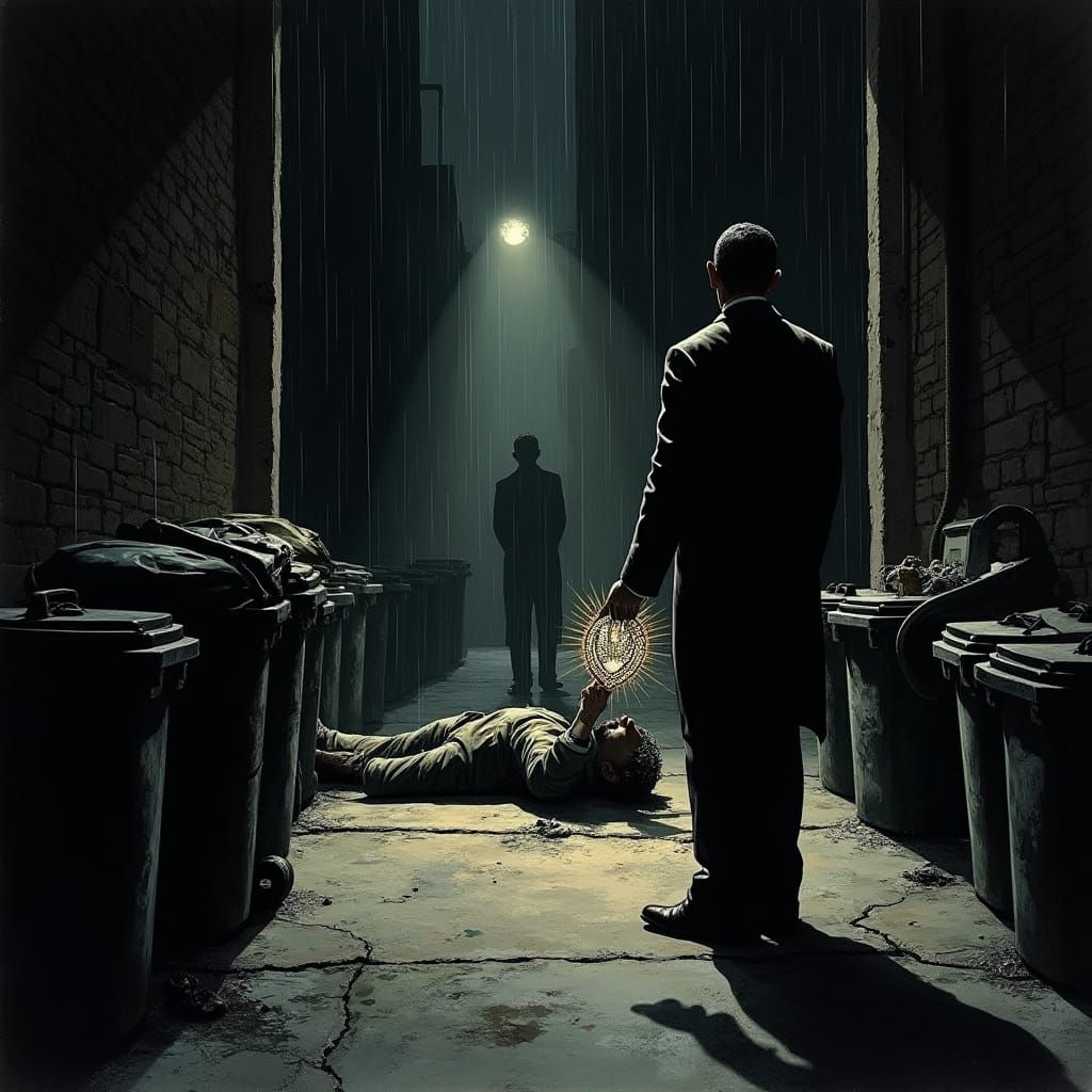 Gritty 1930s New York City Alleyway Scene in Film Noir Style