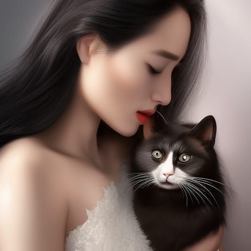 Beautiful Woman and Cat in Watercolor Style