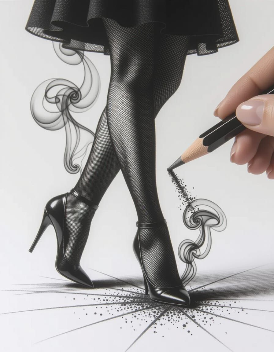 Macro Charcoal Sketch of Morticia Addams in Pantyhose