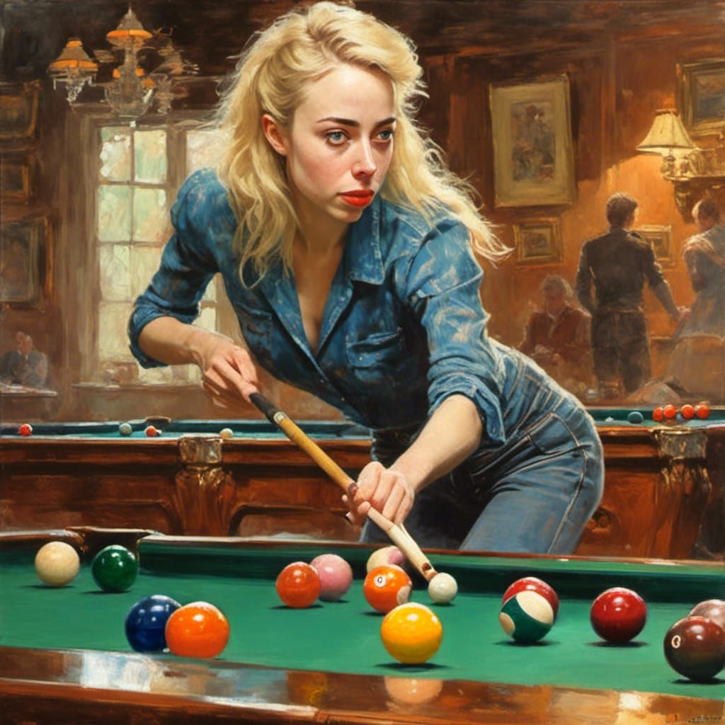 Cute Girl Plays Pool at Home, Inked Style