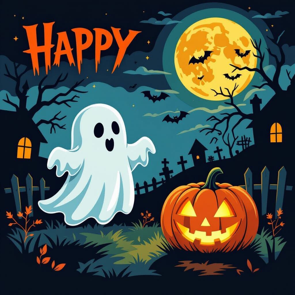 Spooky Halloween Scene with Ghost and Jack-o'-Lantern