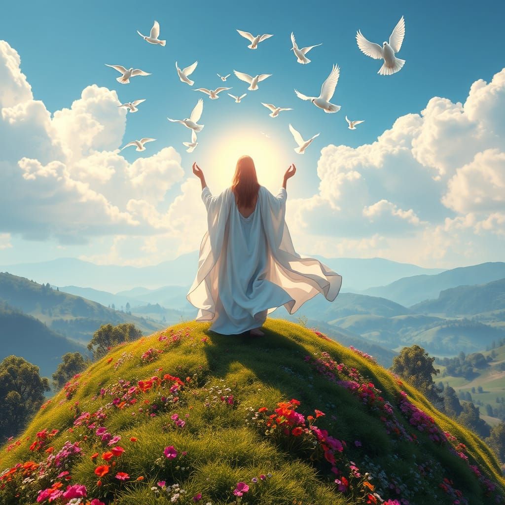 Serene Dreamlike Goddess of Peace Releases Iridescent Doves ...