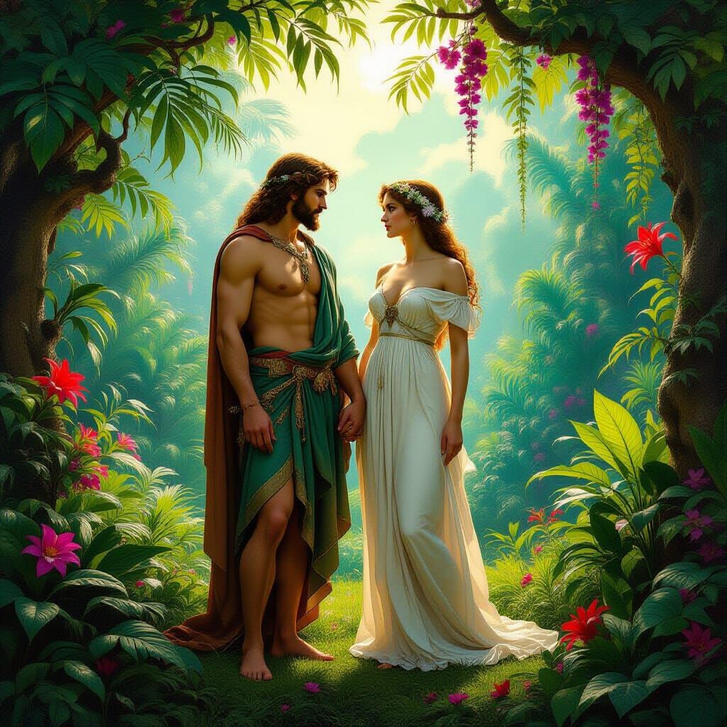 Adam and Eve in Lush Garden of Eden