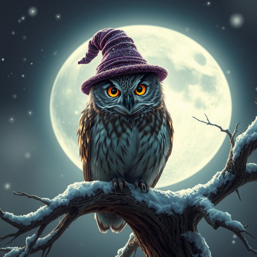 Mystical Owl in Witch Hat, Snowy Lunar Scene