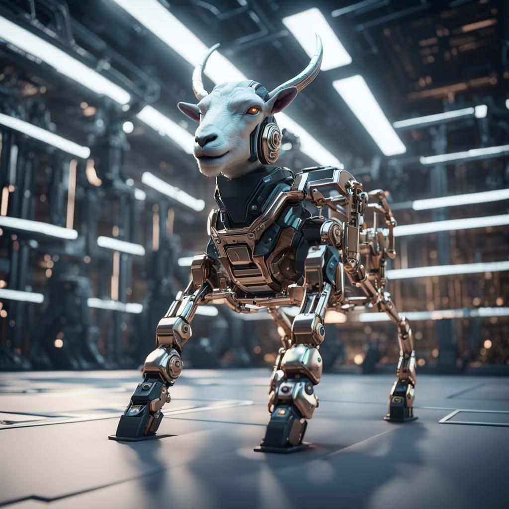 Cybernetic Goat with Metallic Limbs in Sci-Fi Setting