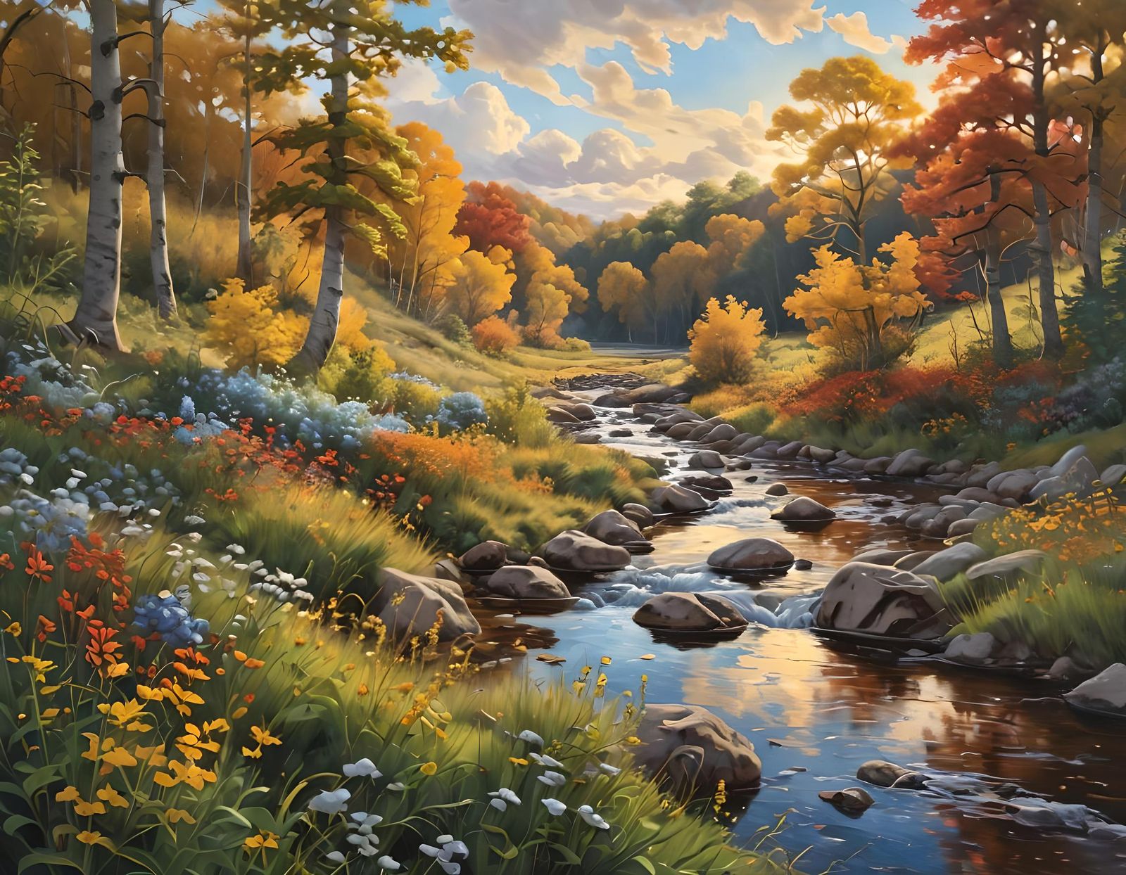 Autumn Forest Stream in Golden Hour: Oil Painting