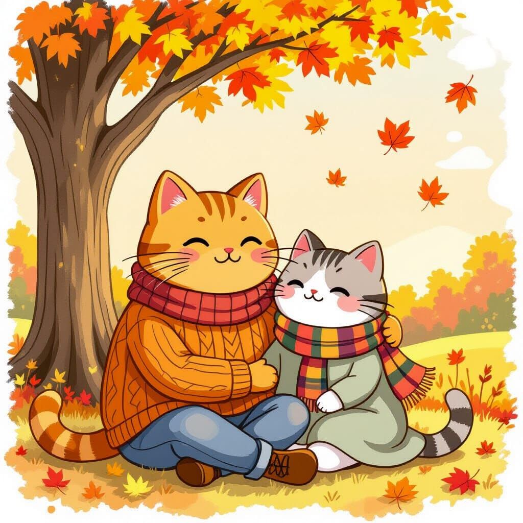 Whimsical Cartoon Cat and Pusheen Autumn Scene