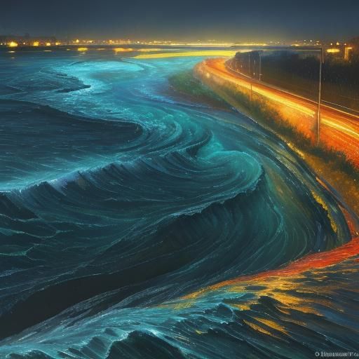 Flooded Road Crossing in Neo-Impressionist Style