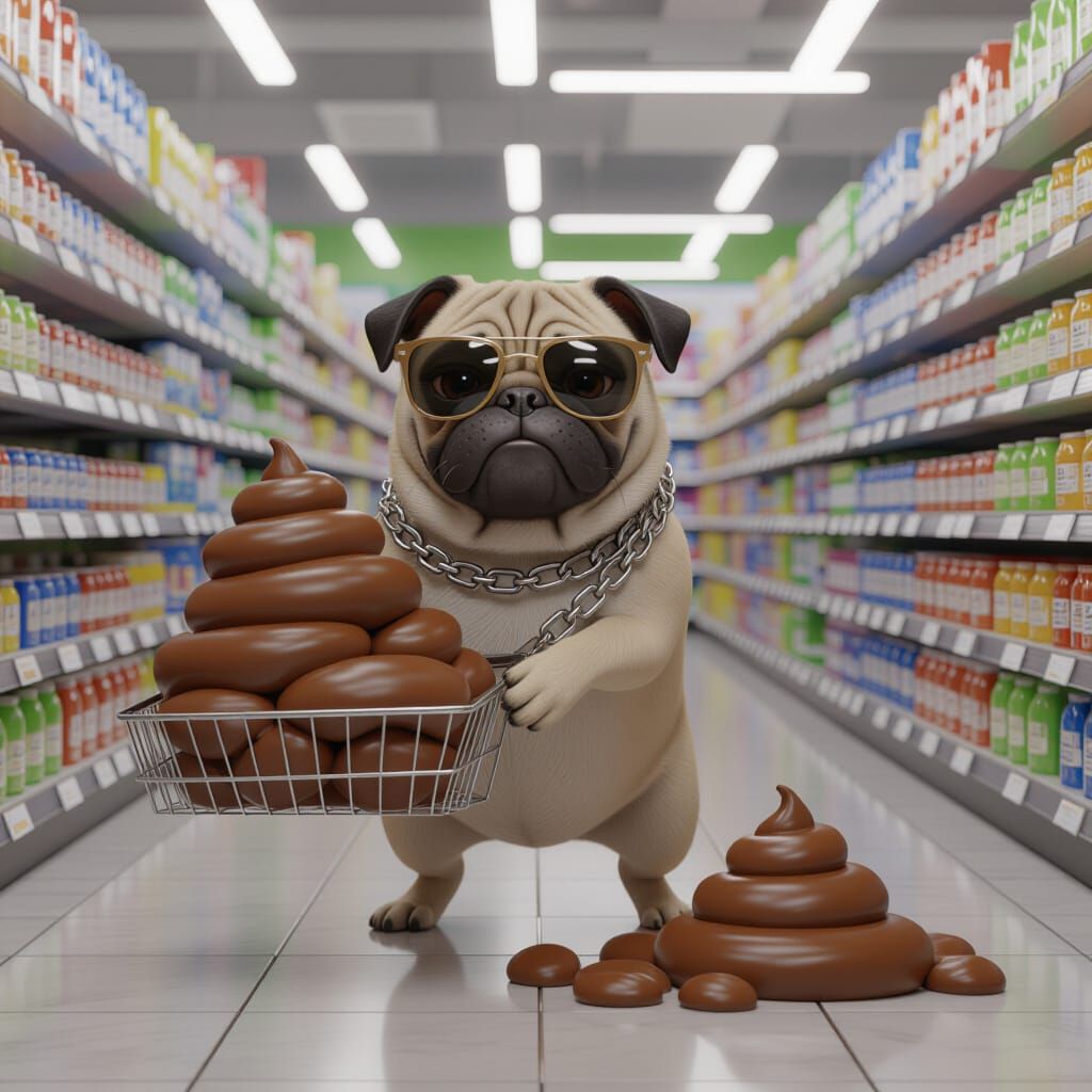 Grumpy Pug Buys Giant Poop in Supermarket