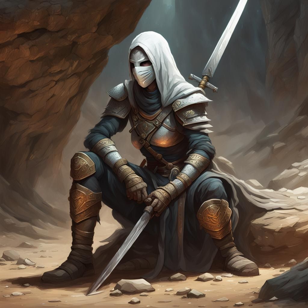 Masked Warrior Resting, Dark Fantasy Concept Art