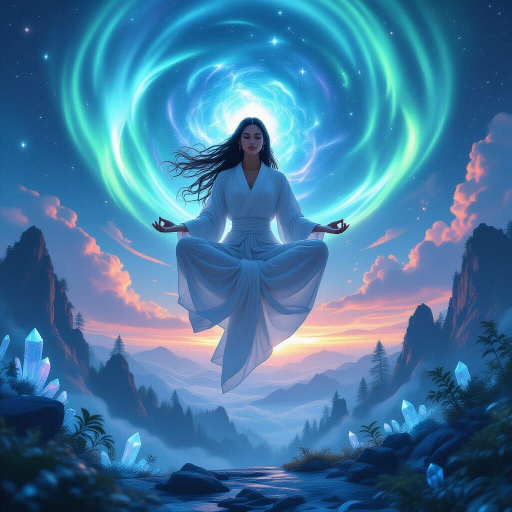 Yogi Levitates Above Alien Planet in Sci-Fi Style