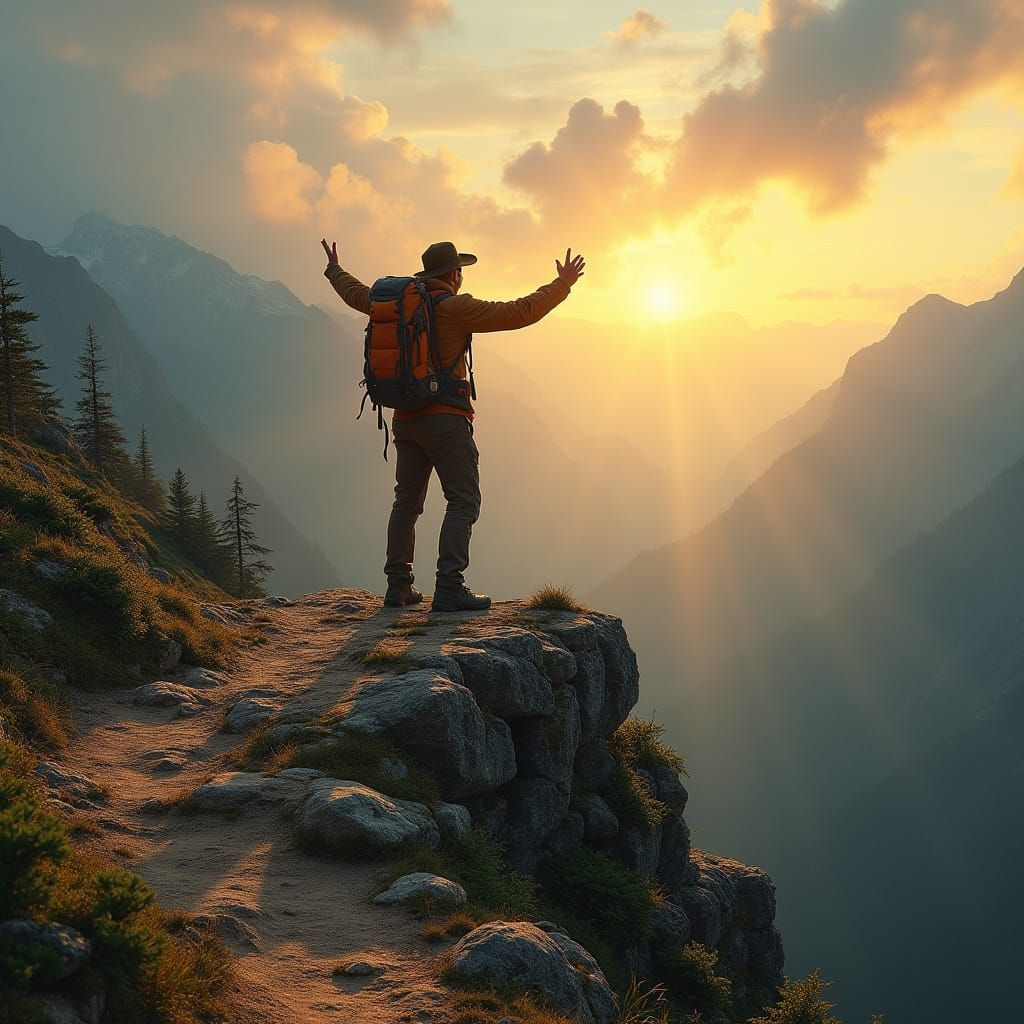 Triumphant Figure on Mountain Peak at Sunrise in Vibrant Hik...