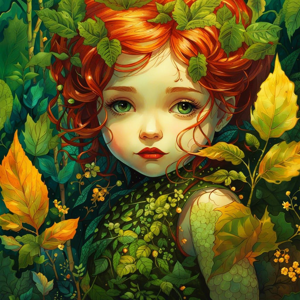 Baby Poison Ivy Portrait with Golden Outlines