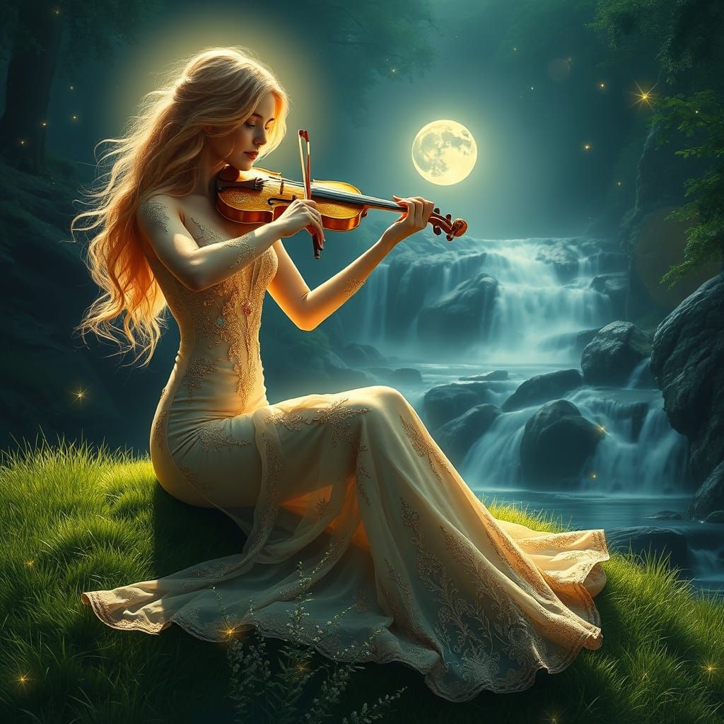 Moonlit Goddess Plays Violin Under Starry Skies