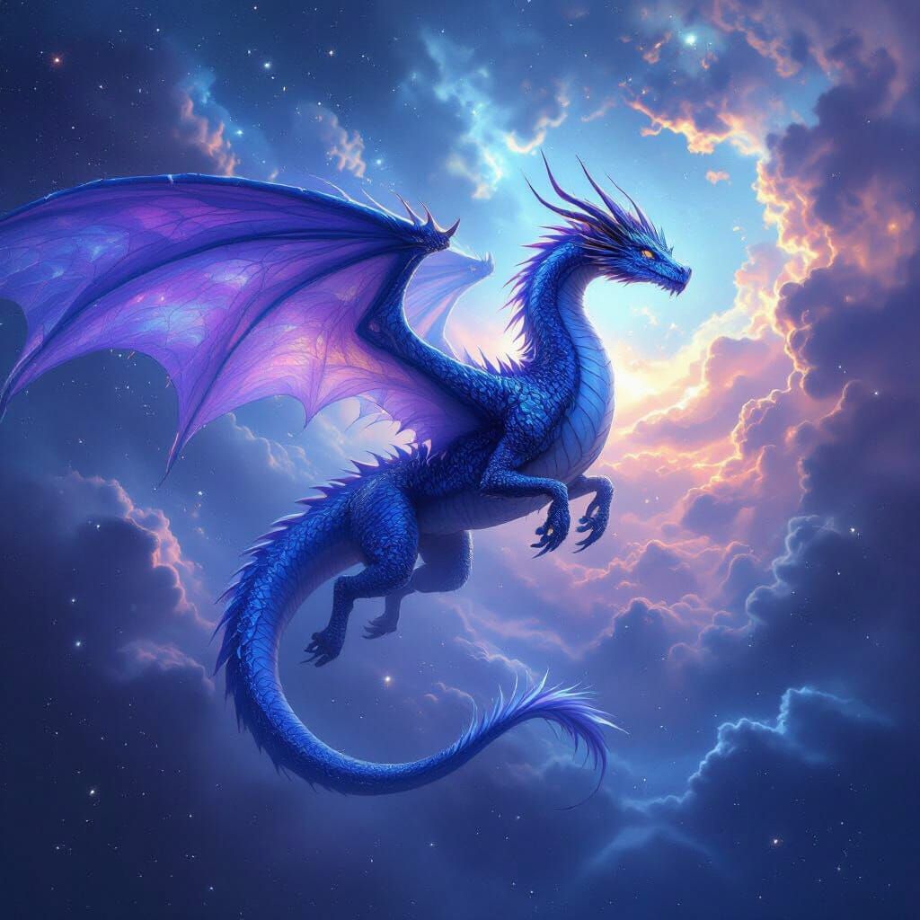 Dragon Soaring Through Nebula in Cosmic Surrealism