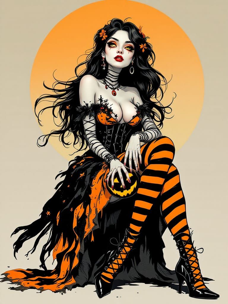 Gothic Pin-Up Witch with Jack-o'-Lantern
