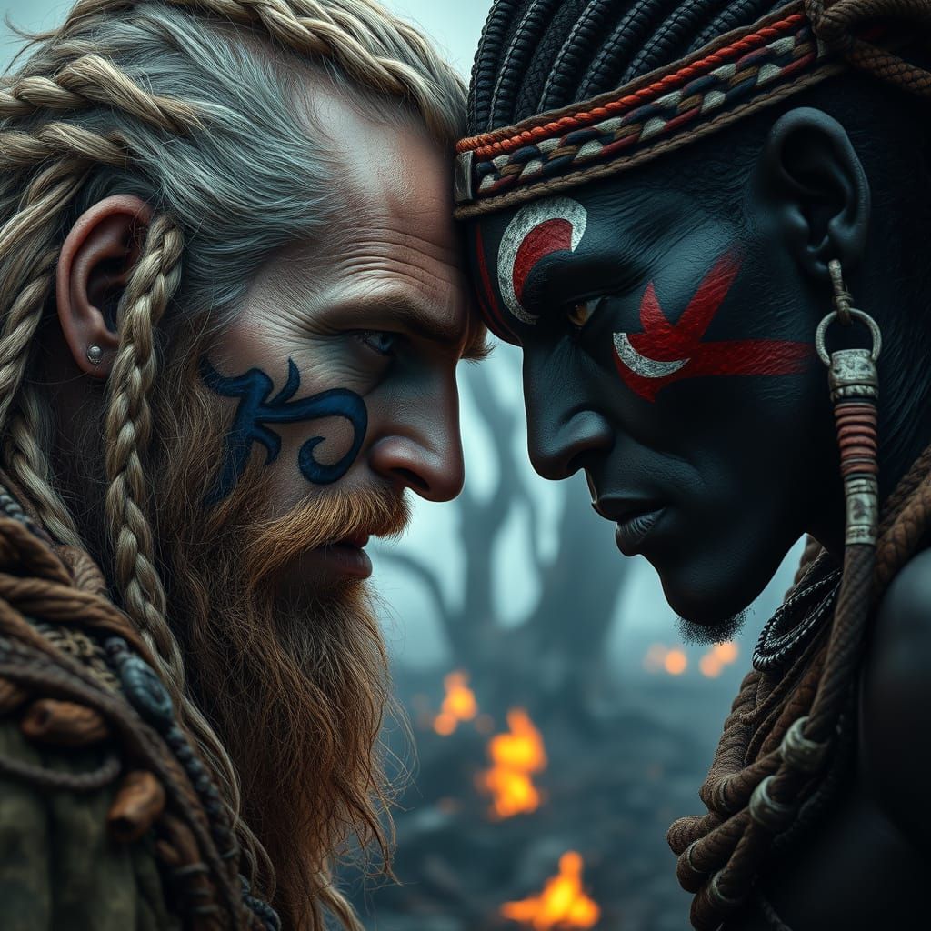 Viking and African Warrior Face-Off in Digital Painting