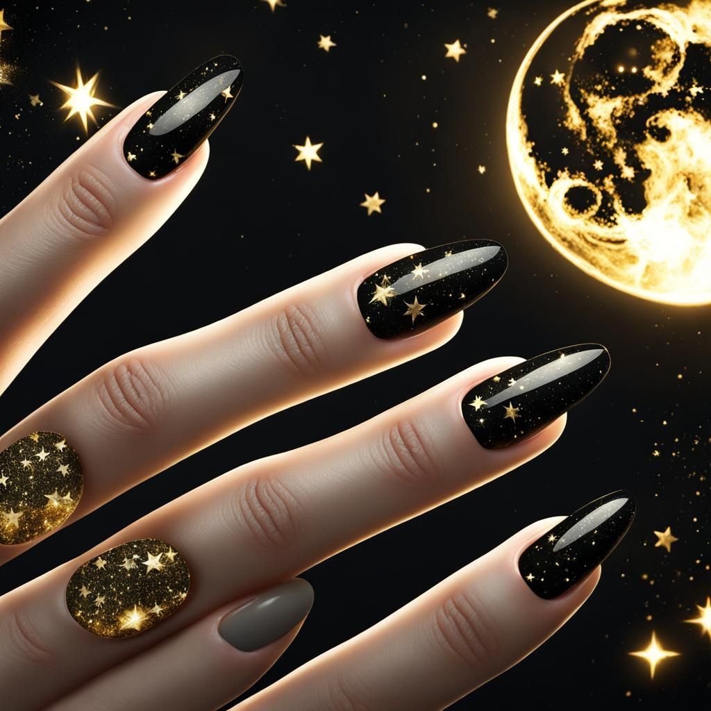 Celestial Black and Gold Glitter Nail Art