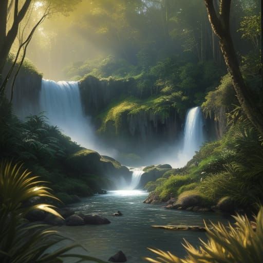 Surreal Desert Oasis with Waterfall in Oil Painting Style