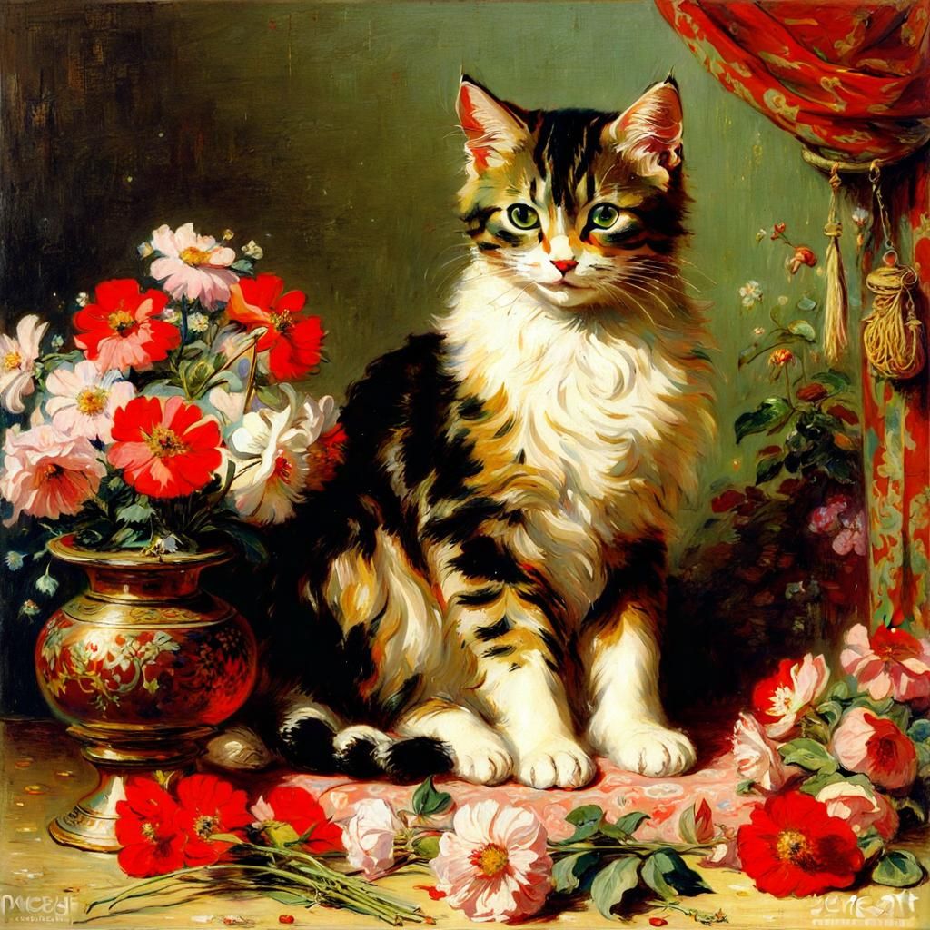 Cute Cat with Flowers, Inspired by Ernst