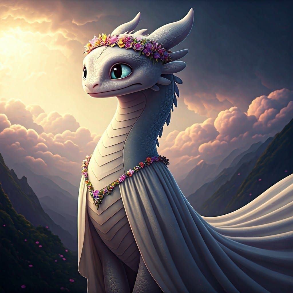 Ethereal Light Fury Dragon in White Gown and Floral Crown