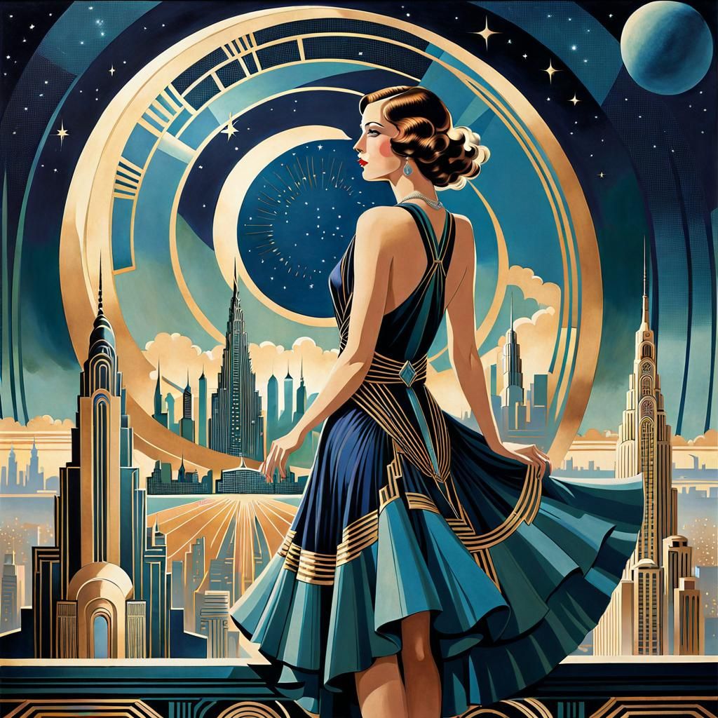 Art Deco Woman Overlooking City Skyline